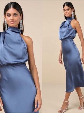Lulu's Steel Blue Satin High-Neck Midi Dress